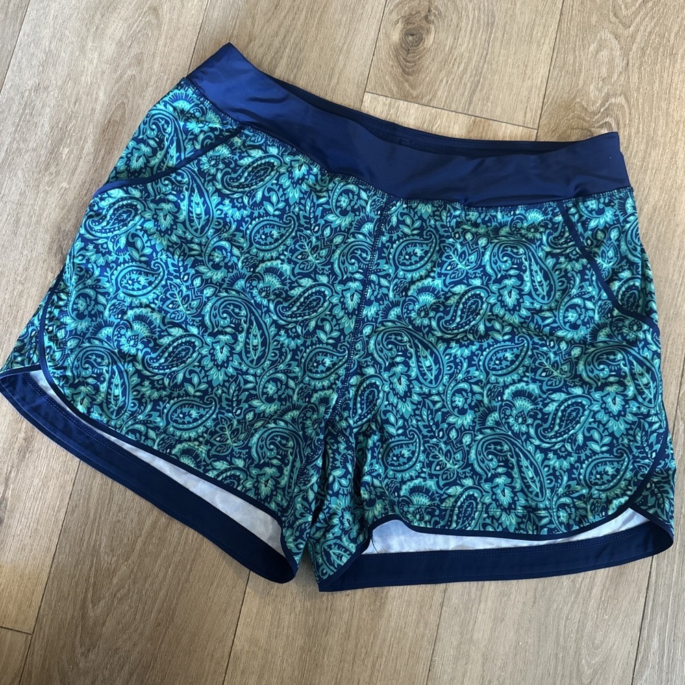 Lands End Womens Lined Swim Board Shorts 18W Paisley Teal Green Navy Pockets
